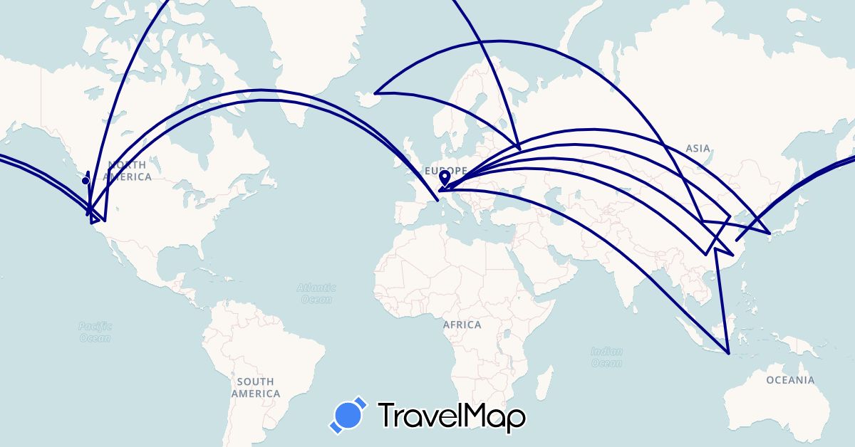 TravelMap itinerary: driving in Canada, Switzerland, China, France, Indonesia, Iceland, Italy, Japan, Russia, Thailand, United States (Asia, Europe, North America)